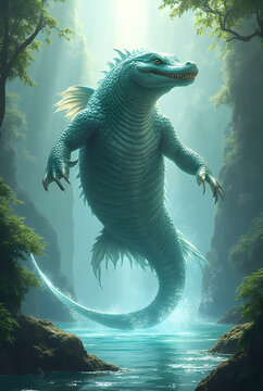 Giant mythical sea serpent monster with crocodile head rising from splashing river water inside lush tropical jungle canyon with sunlight filtering through trees.