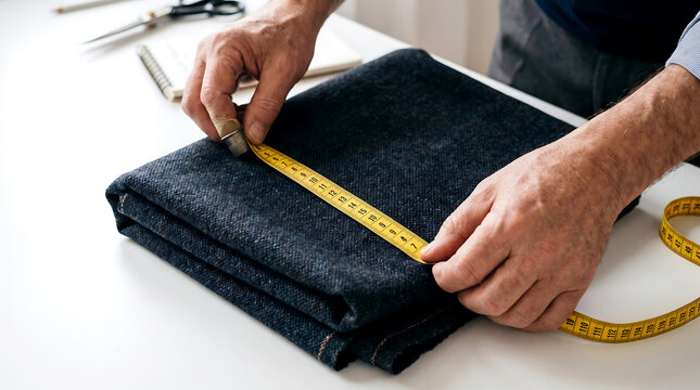 Tailor measuring dark fabric with tape. Professional designer working with textile material.
