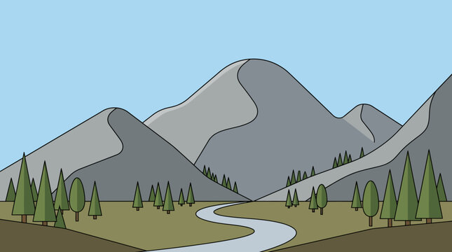 Scenic Mountain Landscape with Pine Trees and River.