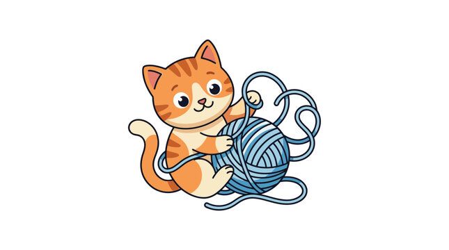 Cute cartoon ginger tabby kitten playing with a blue ball of yarn.
