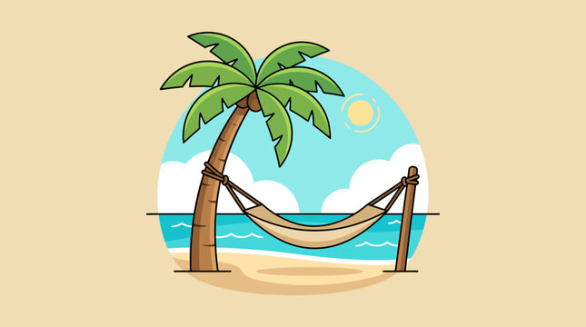 Tropical beach scene with a hammock hanging between a palm tree and a wooden post.