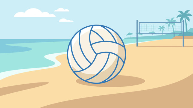 Volleyball on sandy beach near ocean and net.