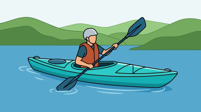 Person kayaking on a calm lake with mountains in the background.
