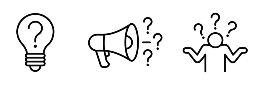 Set of three line icons representing confusion, uncertainty, and lack of ideas, featuring a light bulb with a question mark, a megaphone with question marks, and a person shrugging