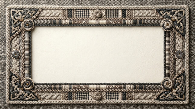 celtic knot and houndstooth patterned frame with woven textures and blank center.