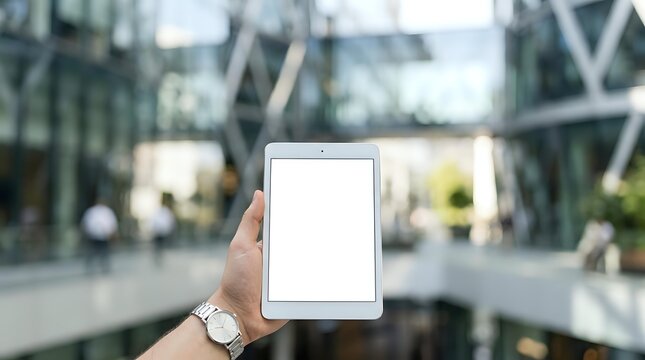 Person holding tablet with blank white screen in urban environment with modern glass buildings in background, suitable for app mockups and digital marketing campaigns.