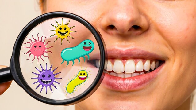 Smiling woman showing healthy teeth through magnifying glass with colorful oral bacteria illustration