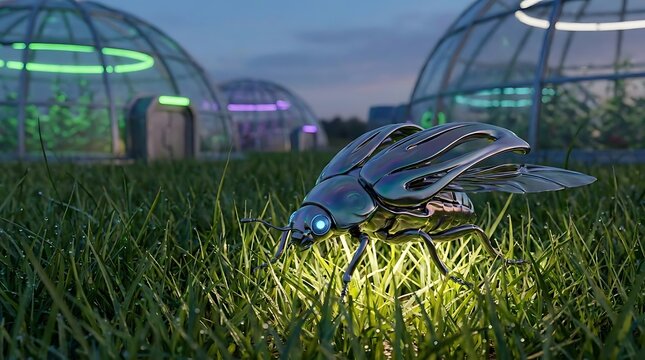 Metallic robotic beetle in futuristic biodome garden environment.