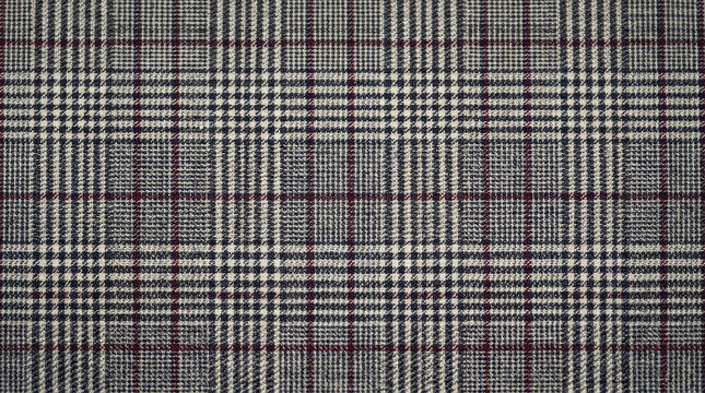 Classic plaid fabric texture with gray and burgundy grid pattern.