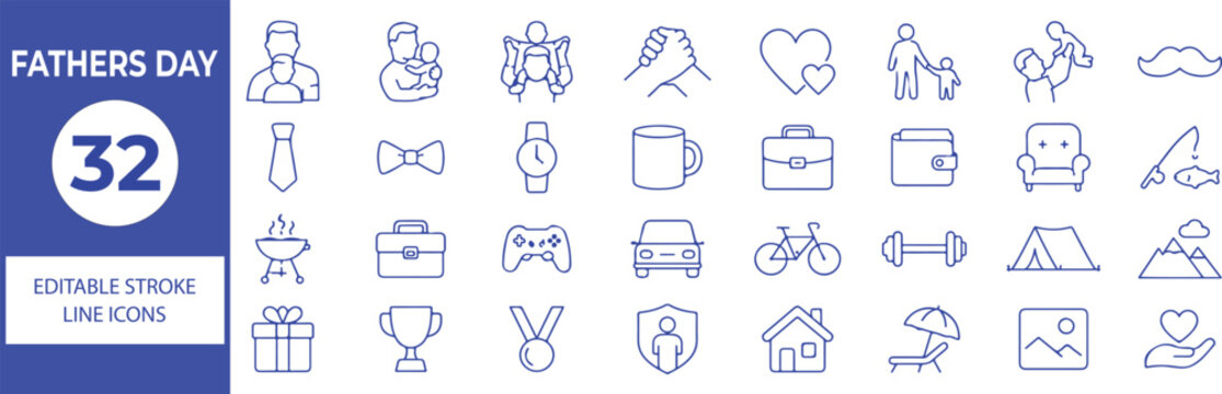 32 Father's Day Vector Outline Icons Set,Dad, Family, Parenting, Love, Gifts and Celebration Line Symbols Collection