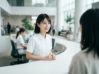 Obraz premium 重ねた手をカウンターに置き来客へ優しい眼差しを向ける看護師の女性