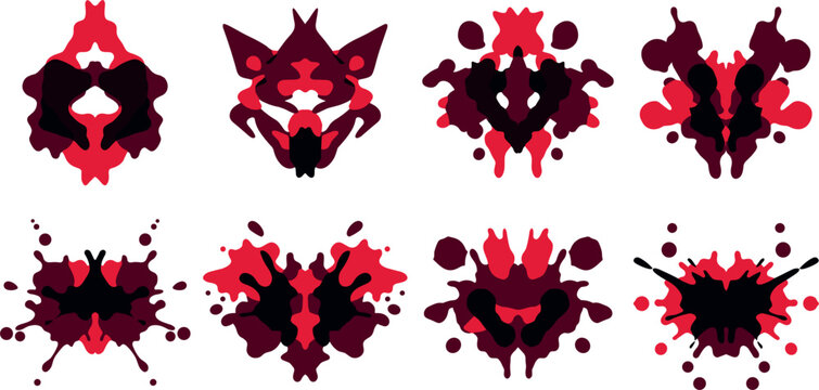Rorschach Inkblot Test Psychological Icon Set with Symmetrical Red Maroon and Black Ink Splatter Abstract Shapes on White Background