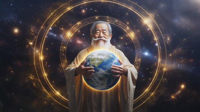 深い宇宙で白い髭の高齢男性が発光する地球を両手で包み黄金の光輪と銀河を広げる壮大な自然の迫力が広がる