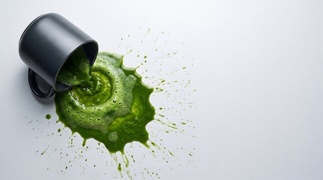 Vibrant green matcha tea powder and liquid spilling from white cup