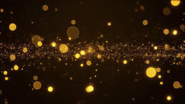 漆黒の背景に黄金色の発光粒子と柔らかな円形の光が無数に漂い高級感を作る幻想的な光と深い奥行きが広がる