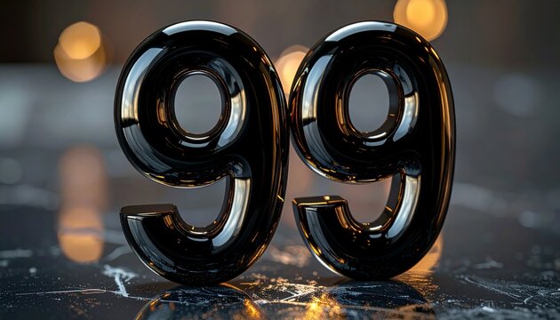 Elegant Glossy Black 3D Number 99 on Reflective Luxury Marble Surface