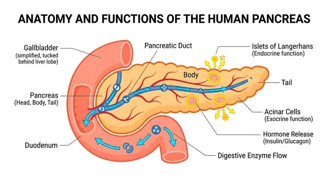 Anatomy and functions of the human pancreas illustrating exocrine and endocrine systems