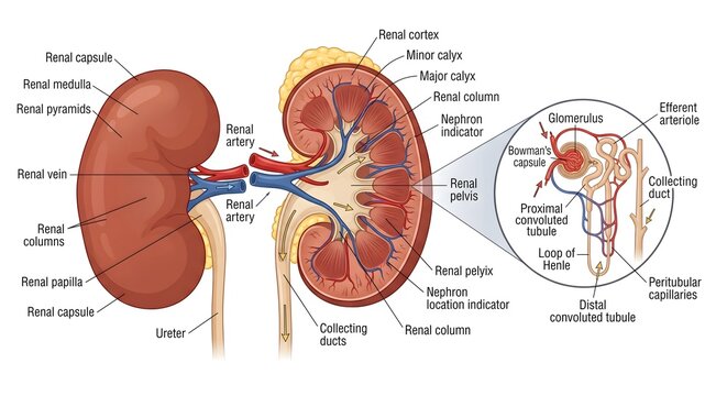 Anatomy of the human kidney cross section and detailed nephron structure