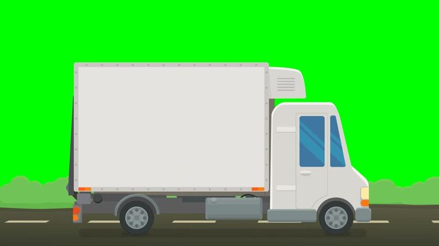 Animated refrigerated truck driving representing cold chain logistics, perishable cargo transport, and commercial delivery. Chroma key green screen with alpha channel. (loopable)