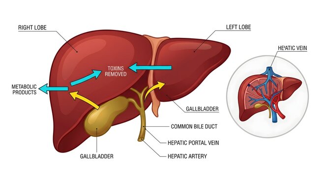 Anatomy of the human liver and gallbladder showing blood vessels and metabolic functions