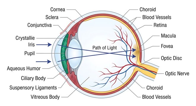 Cross section anatomy of the human eye showing internal structures and path of light