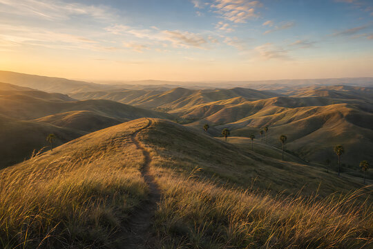 Rolling savanna hills with golden grass at sunset, Sumba, Indonesia