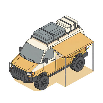 3D Isometric Camper Van with Rooftop Cargo and Awning Illustration Isolated on a Transparent Background