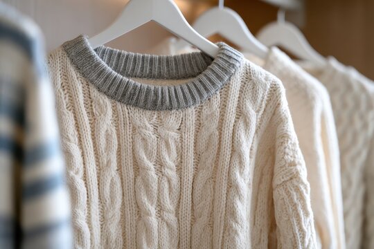 White cable-knit wool sweaters with ribbed gray neck collar crewnecks hang on wooden hangers. Cozy warm winter autumn knitted jumper clothing pieces arranged on display rack shelf in boutique close-up