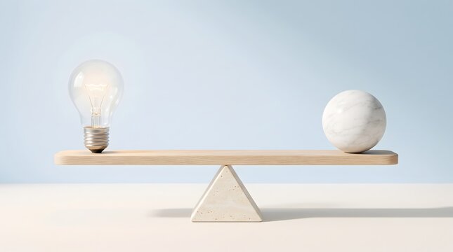 Lightbulb and marble sphere balanced on wooden seesaw