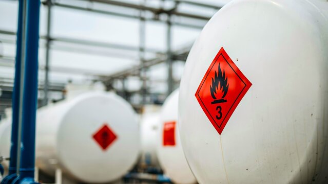 Title:
Industrial hazardous gas storage tanks with flammable warning signs at chemical facility photo
