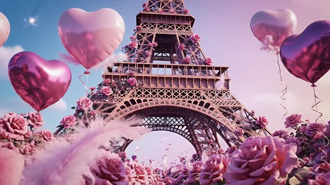 Dreamy Paris Fantasy Scene Framed by Eiffel Tower Surrounded by Pink Roses and Floating Balloons