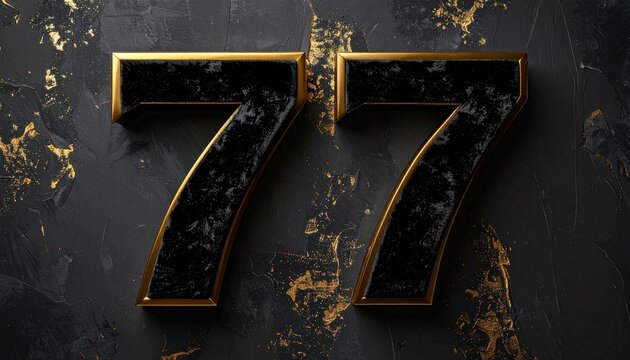 Luxurious black marble number 77 with golden metallic edges on dark surface