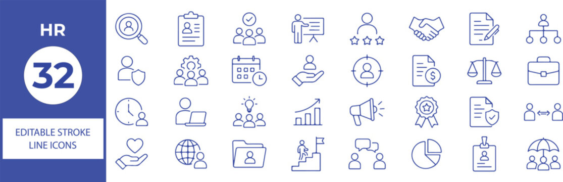 32 Human Resources Vector Outline Icons Set,HR, Recruitment, Employee Management and Workplace Line Symbols Collection