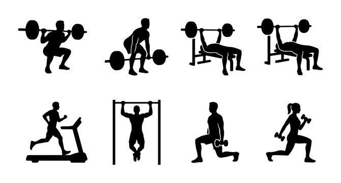 Fitness Icons Set: Weightlifting, Cardio, Bodyweight Exercises, Gym Equipment, Silhouette Vector Collection