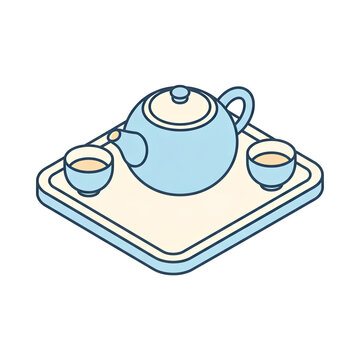 3D Isometric Cartoon Teapot and Tea Cups on a Tray Illustration Isolated on a Transparent Background