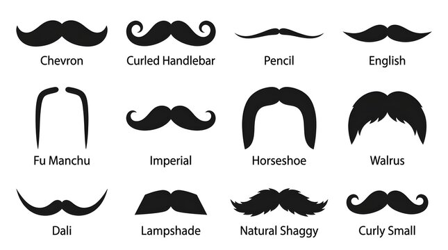 Vintage Mustache Collection Vector Set with Silhouette Icons, Curly Beard, Glasses and Funny Retro Facial Hair Illustrations for Men Fashion Style