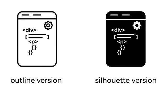 Coding and Web Development Icons: Two distinct icons representing coding and web development, one an outline and the other a silhouette, showcase a stylized code snippet with a gear symbol.