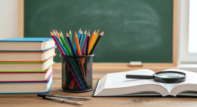 stack of books with colorful pencils in a holder and an open book with magnifying glass on a wooden classroom desk