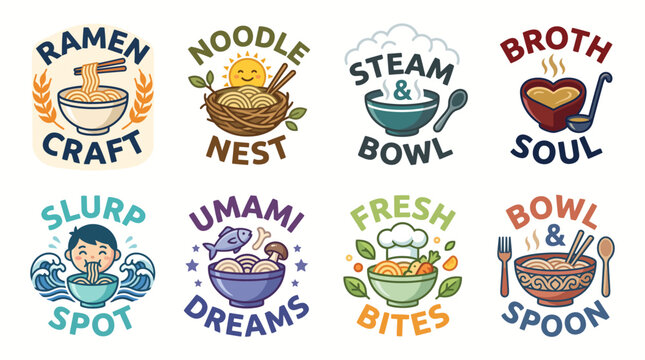 This image features a set of creative ramen and noodle logos, highlighting the deliciousness and comforting nature of these beloved dishes with a whimsical, artistic flair.