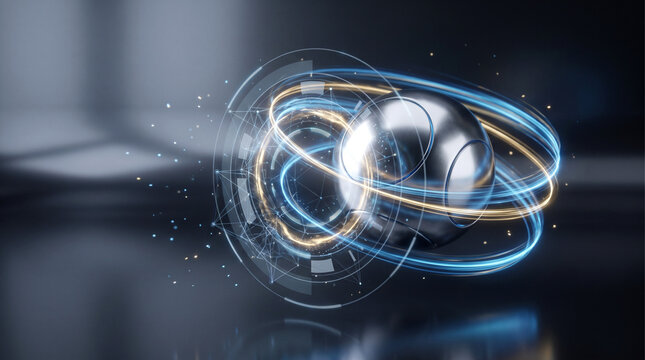 Abstract futuristic technology background with glowing metallic sphere and digital cybernetic orbit ring graphics