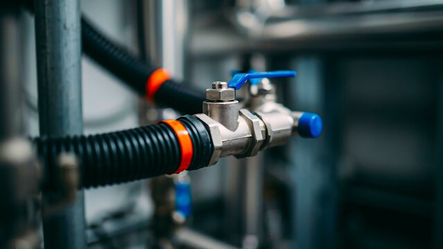 Title:
Industrial pipeline valve and flexible hose connection in modern manufacturing facility photo