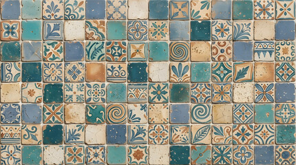 Fototapeta premium Handcrafted ceramic tile patterns with Mediterranean and Moorish geometric motifs, weathered glaze, rich blue, turquoise, green and terracotta tones, intricate symmetry, vintage texture, elegant style