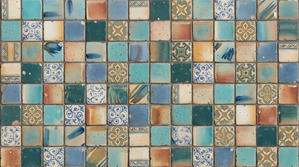 Fototapeta premium Handcrafted ceramic tile patterns with Mediterranean and Moorish geometric motifs, weathered glaze, rich blue, turquoise, green and terracotta tones, intricate symmetry, vintage texture, elegant style