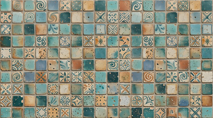 Fototapeta premium Handcrafted ceramic tile patterns with Mediterranean and Moorish geometric motifs, weathered glaze, rich blue, turquoise, green and terracotta tones, intricate symmetry, vintage texture, elegant style