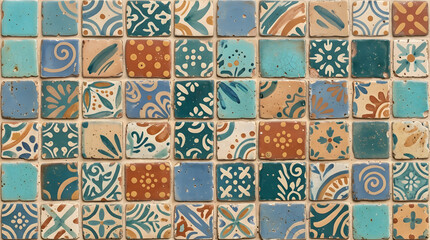 Fototapeta premium Handcrafted ceramic tile patterns with Mediterranean and Moorish geometric motifs, weathered glaze, rich blue, turquoise, green and terracotta tones, intricate symmetry, vintage texture, elegant style