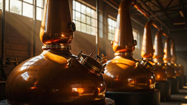 Title:
Copper distillation equipment inside traditional whiskey distillery with industrial production process photo