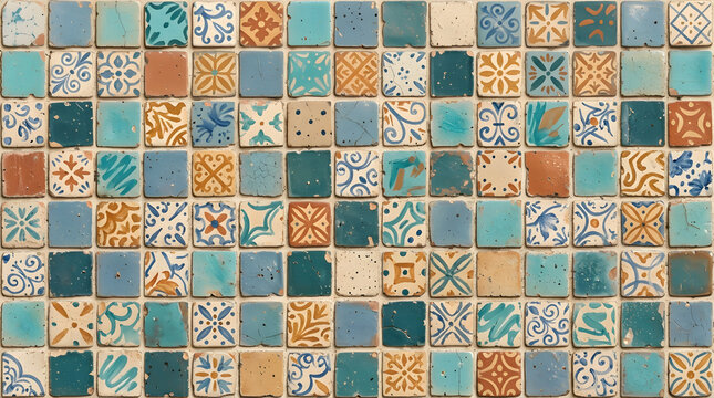 Handcrafted ceramic tile patterns with Mediterranean and Moorish geometric motifs, weathered glaze, rich blue, turquoise, green and terracotta tones, intricate symmetry, vintage texture, elegant style