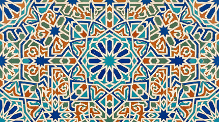 Fototapeta premium Handcrafted ceramic tile patterns with Mediterranean and Moorish geometric motifs, weathered glaze, rich blue, turquoise, green and terracotta tones, intricate symmetry, vintage texture, elegant style