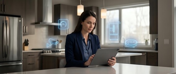 Fototapeta premium Woman in business casual attire working on tablet at kitchen counter with smart home interface icons displayed, representing remote work and connected home technology.