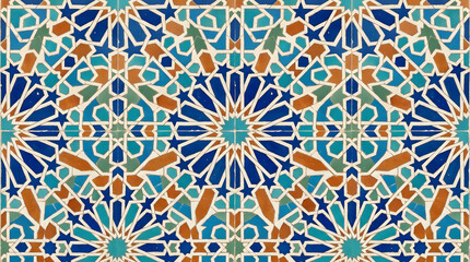 Fototapeta premium Handcrafted ceramic tile patterns with Mediterranean and Moorish geometric motifs, weathered glaze, rich blue, turquoise, green and terracotta tones, intricate symmetry, vintage texture, elegant style
